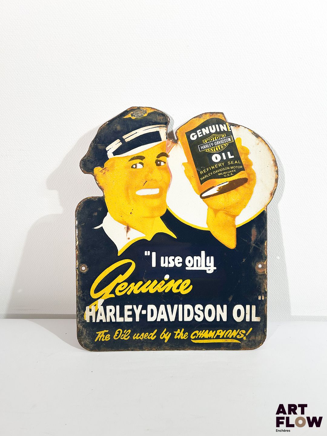 Plaque émaillée Harley Davidson - Oil Dimensions : 30 x 24 cm Petits éclats et traces de rouille