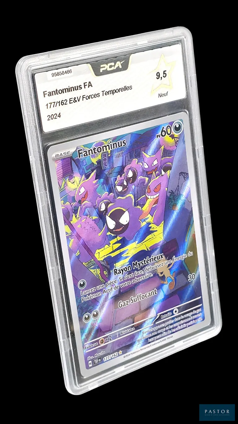 Carte Pokémon gradée Fantominus 177/162 – AR – PCA 9,5.  
Série du bloc Écarlate&Violet : Forces Temporelles.  
Carte en état Neuf (PCA 9,5), en français.  
Illustrateur : MOUSHO.