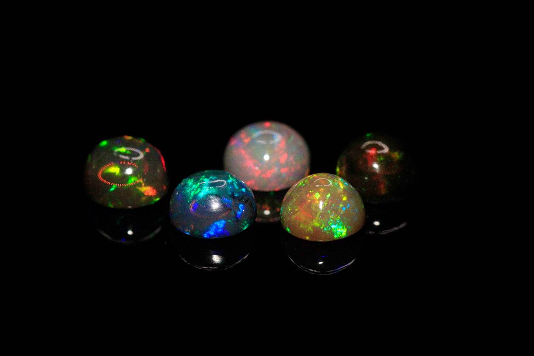 Cinq opales noires cabochons ronds. Beaux éclats de couleur. 5.31 cts. Diam. moy.: 7.0mm