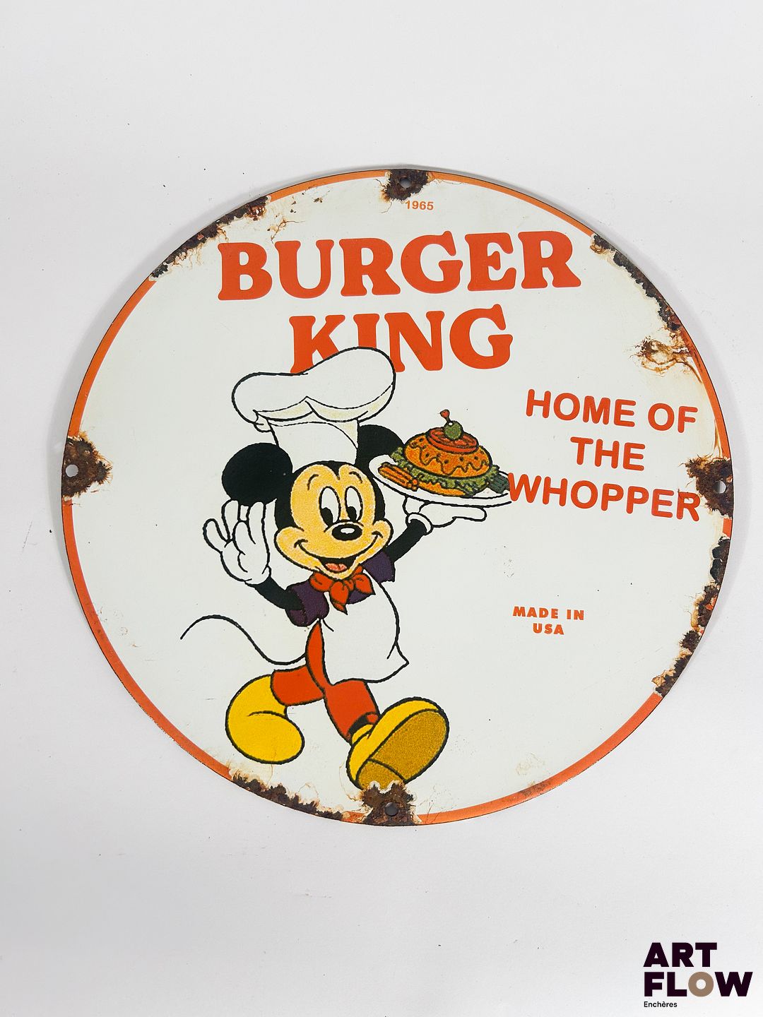 Plaque émaillée ronde Burger King Diamètre : 30 cm Petits éclats et traces de rouille Reproduction moderne