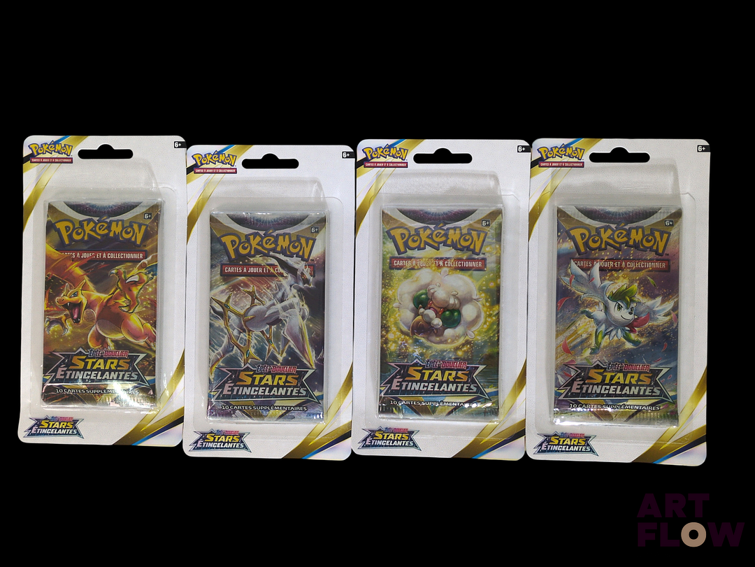 Réunion de 4 boosters Pokémon scellés sous blister. Série du bloc Epée et bouclier : Stars étincelantes (EB09). Artset présent. En français