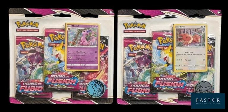 Réunion de 2 Tripacks Pokémon scellés.
Série du bloc Épée&Bouclier : Poing de Fusion (EB08).
En français.