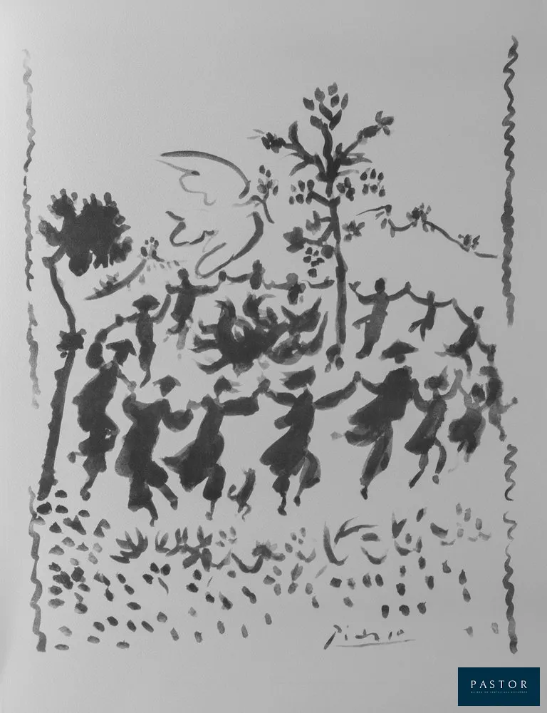 Pablo PICASSO (d'après) (1881-1973)
Vive la Paix

Impression d'art sur papier d'art pur chiffon Velin d'Arches blanc 250 gr
Impression en tons directs 2 couleurs
Signée dans la planche
Dimensions : 50 x 65 cm
Éditeur l'Art et la Paix, copyright Succession Picasso, 1999

Très bon état

Lavis reproduit à la Une de l'Humanité Dimanche du 25 juillet 1954, à l'occasion de la signature des accords de Genève mettant fin à la guerre d'Indochine entre Français et Vietnamiens.


Expédition obligatoire, jusqu'à 5 Lithographies dans votre colis pour 14,76€ TTC en France Métropolitaine, et 29,64€ TTC pour l'Europe
