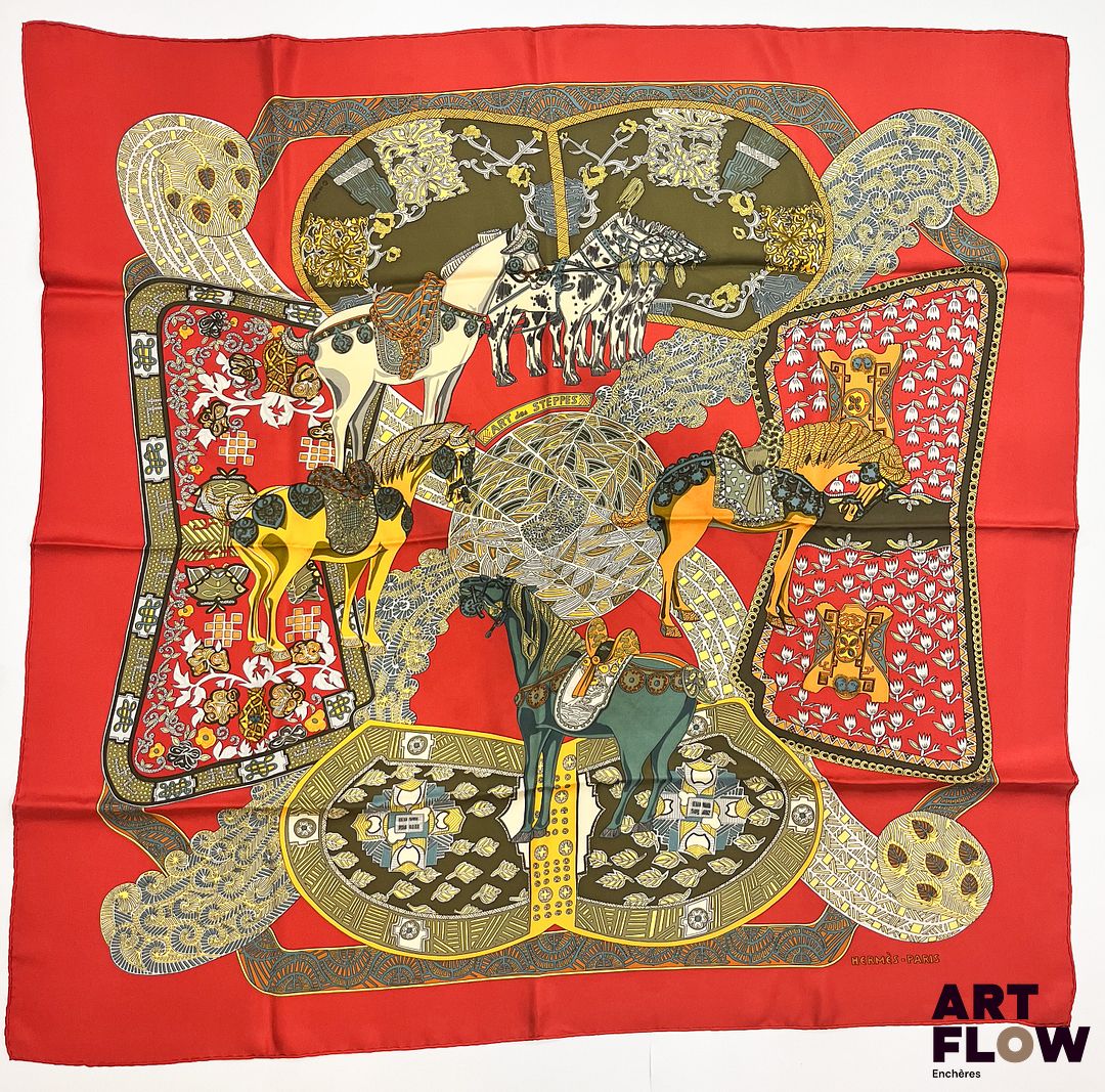 HERMÈS Modèle "L'Art des Steppes" Carré en twill de soie d'après Annie FAIVRE 90 x 90 cm