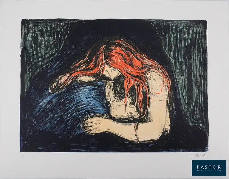 Edvard Munch (1863-1944) (d'après)
Vampire

Lithographie
Signée dans la planche
Justifiée HC
Sur vélin Arches 50 x 65 cm

INFORMATION : Edition récente d'après la lithographie originale éponyme de 1895 et authentifiée par le cachet sec de l'éditeur. La lithographie a été tirée à 250 exemplaires plus quelques épreuves HC. L'œuvre est accompagnée du certificat de l'éditeur.

Excellent état


Expédition obligatoire, jusqu'à 5 Lithographies dans votre colis pour 14,76€ TTC en France Métropolitaine, et 29,64€ TTC pour l'Europe