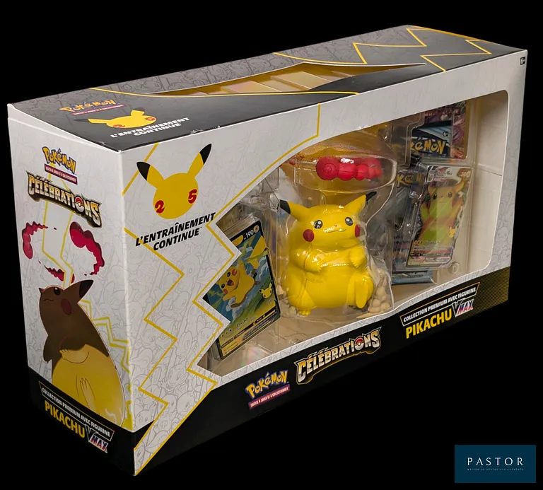 Coffret Pokémon scellé : Collection Premium Figurine Pikachu Vmax.
Série du bloc Épée&Bouclier : Célébrations 25 ans (EB07.5).
Contient notamment 2 cartes promotionnelles et une figurine Pikachu, avec 6 boosters.
En français.
