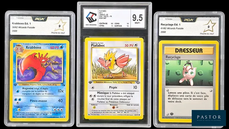 Réunion de 3 cartes Pokémon gradées de séries diverses du bloc Wizards : Jungle Édition 1 et Fossile Édition 1 : 
- Piafabec 62/64 - Rare - CCC Grading 9.5
- Dresseur Recyclage 61/62 - Commune - PCA 9
- Krabboss 38/62 - Peu Commune - PCA 9
En français.