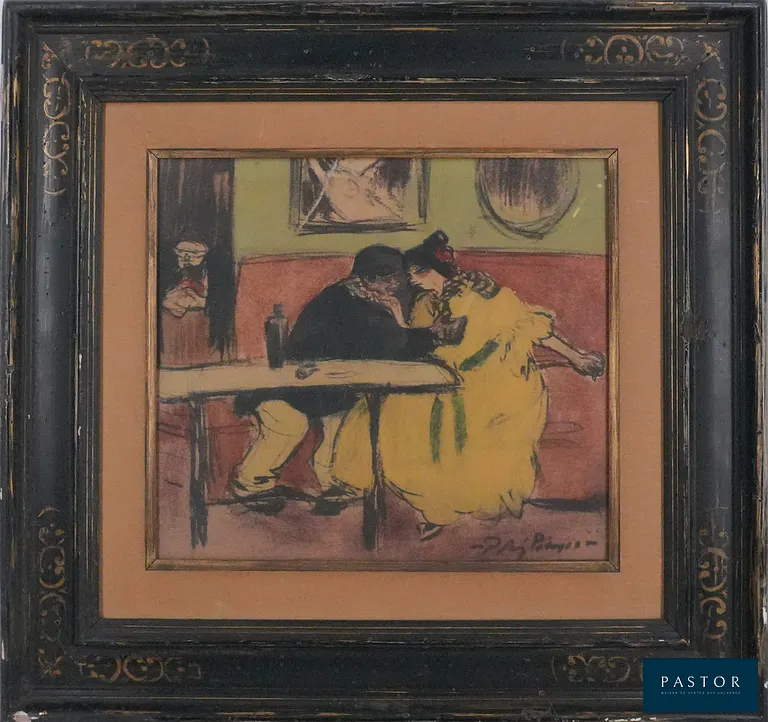 Pablo PICASSO (1881-1973) (d'après)
Le divan, Les bleus de Barcelone

Lithographie et pochoir (procédé de Jacomet)
Signée dans la planche
Sur papier 27 x 31 cm (à vue)
Présentée dans un cadre bois laqué et doré 48 x 52.5 cm

REFERENCE : Editée en 1963 par Au vent d'Arles dans le portfolio "les bleus de Barcelone"

Très bon état, petits défauts au cadre


Expédition obligatoire, jusqu'à 5 Lithographies dans votre colis pour 14,76€ TTC en France Métropolitaine, et 29,64€ TTC pour l'Europe