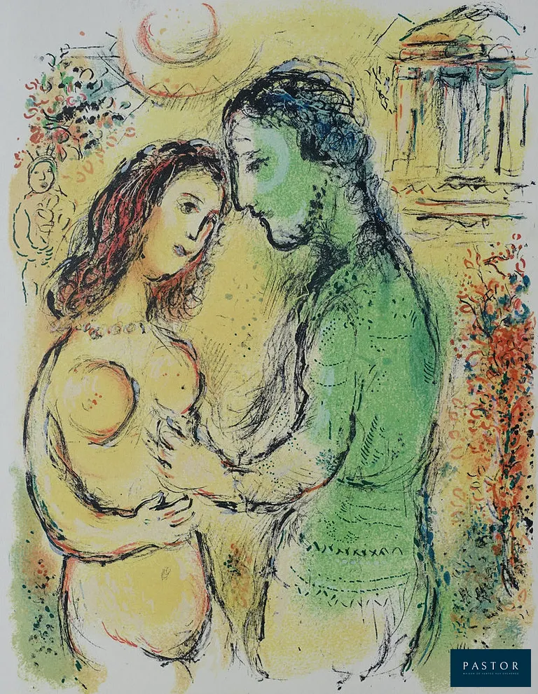 Marc CHAGALL (1887-1985) (d'après)
Arès et Aphrodite, 1989

Lithographie
Sur vélin Fabriano 37,5 x 29,5 cm environ
Excellent état

Les illustrations de Marc Chagall pour le récit "Odyssée" sont un hommage à l'épopée d'Homère. Chagall a lui-même visité la Grèce à deux reprises et a été fortement inspiré par les motifs mythologiques antiques au cours de ses voyages.

INFORMATION :
Edition limitée à 2500 exemplaires, tirée en lithographie avec 8 à 12 passages couleur pour chaque planche afin de restituer parfaitement la finesse de l'édition originale.
Afin d'assurer une plus large diffusion de cette oeuvre à laquelle Chagall tenait beaucoup, son épouse Vava supervise en 1989 cette seconde édition (après celle de Mourlot en 1974 - Catalogue raisonné Mourlot 749-830).


Expédition obligatoire, jusqu'à 5 Lithographies dans votre colis pour 14,76€ TTC en France Métropolitaine, et 29,64€ TTC pour l'Europe