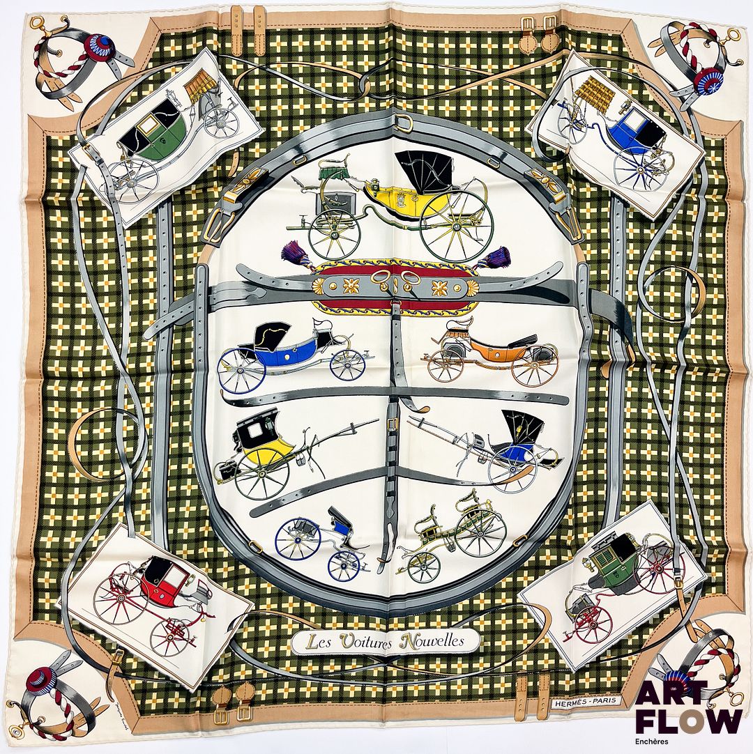 HERMÈS Modèle "Les Voitures Nouvelles" Carré en twill de soie d'après Jacques EUDES 90 x 90 cm