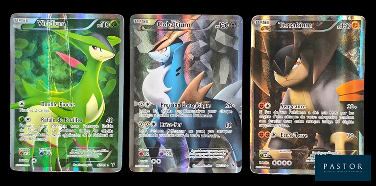 Réunion de 3 cartes Pokémon : Trio de légendaires -  Full Art.
 Série du bloc Noir&Blanc : Nobles Victoires.
Cartes en état global Moyen, en français.