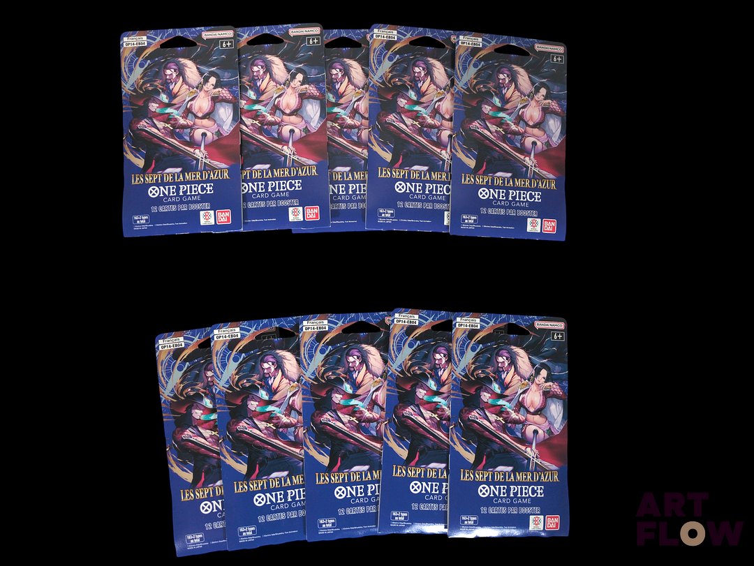 Ensemble de 10 boosters sous blisters One Pièce de la série OP14-EB04 "Les sept de la mer d'azur". Scellés En français