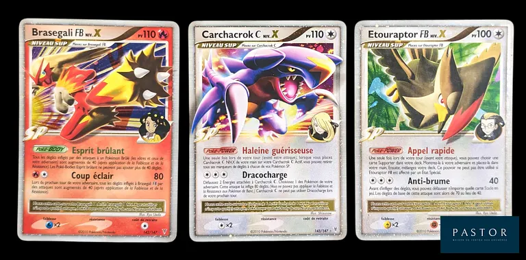 Réunion de 3 cartes Pokémon - Niv. X.
Série du bloc Platine : Vainqueurs Suprêmes.
Cartes en état global Bon, en français.