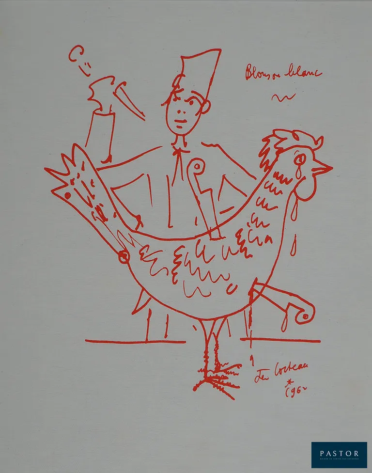Jean COCTEAU (1889-1963)
Le poulet, 1964

Lithographie originale
Signée dans la planche
Sur papier toilé 30.5 x 24 cm

INFORMATION : Limitée à 800 exemplaires non numérotée. Editée par la Galerie Jean Giraudoux à Paris pour illustrer le livre de Raymond Oliver.

Très bon état, légers défauts en bord de feuillet


Expédition obligatoire, jusqu'à 5 Lithographies dans votre colis pour 14,76€ TTC en France Métropolitaine, et 29,64€ TTC pour l'Europe