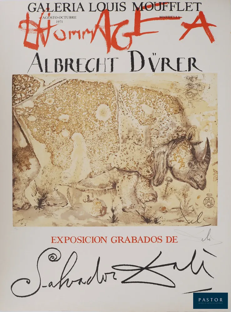 Salvador DALI (1904-1989)
Rhinocéros : Hommage à Albrecht Dürer, 1971

Affiche en lithographie
Signée au crayon
Numérotée / 300 exemplaires
Sur vélin Guarro 76 x 56.5 cm

REFERENCE : Catalogue raisonné de l'œuvre graphique Sala Gaspar, Barcelone 1970, #1503

INFORMATION : Œuvre créée pour l'affiche lithographique de l'exposition de l'artiste à la Galerie Louis Moufflet en 1971

Excellent état


Expédition obligatoire, jusqu'à 5 Lithographies dans votre colis pour 14,76€ TTC en France Métropolitaine, et 29,64€ TTC pour l'Europe
