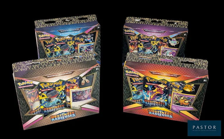 Ensemble de 4 coffrets Pokémon scellés.
Artset de 4 Tripacks la série du bloc Épée&Bouclier : Destinées Radieuses (EB04.5).
En français.
