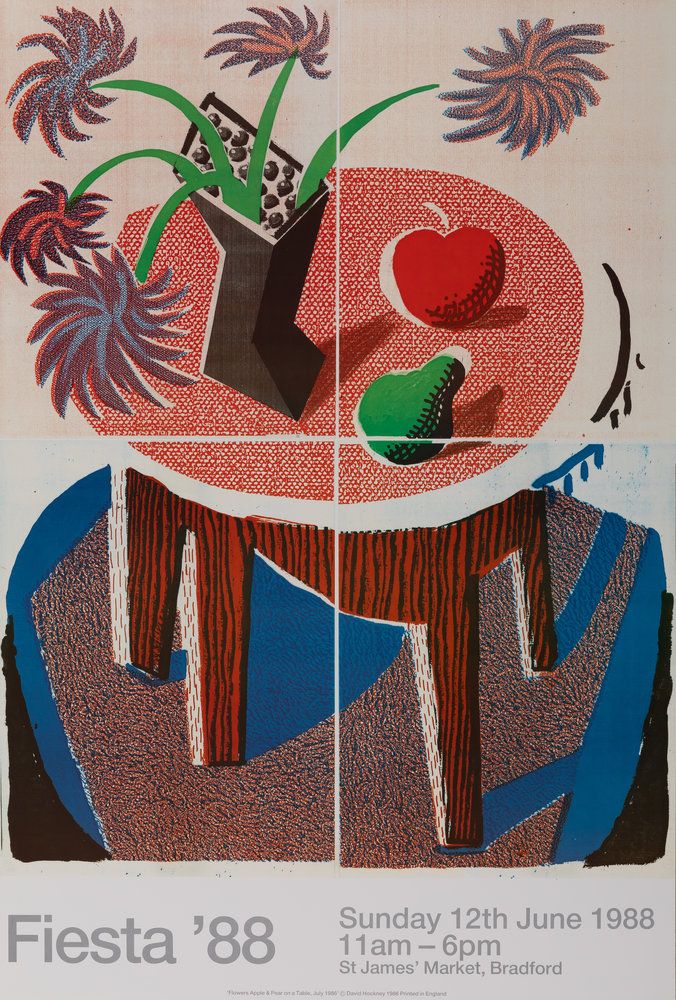 David HOCKNEY (1937) Fiesta 88 : Nature morte à la poire et pomme Affiche originale en couleurs Sur papier épais 43 x 63 cm Excellent état INFORMATION : Affiche éditée à l&rsquo;occasion de l&rsquo;exposition de l&rsquo;artiste à St James Market, Bradford en 1988 Expédition obligatoire, jusqu&rsquo;à 5 Lithographies dans votre colis pour 14,76€ TTC en France Métropolitaine, et 29,64€ TTC pour l&rsquo;Europe