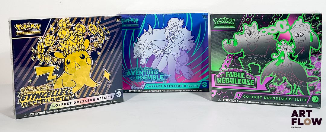 POKEMON Ensemble de 3 ETB comprenant : - Coffret dresseur d’élite Étincelles Déferlantes - Neuf scellé - Coffret dresseur d'élite Écarlate et Violet - Aventures ensemble - Neuf scellé - Coffret dresseur d'élite Ecarlate et Violet Fable Nébuleuse - Neuf scellé
