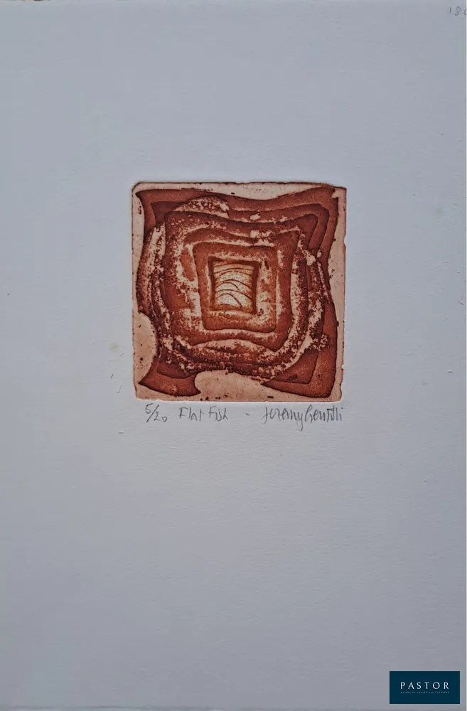 Jérémy Gentilli (1926-)
Flat fish

Eau-forte, sur papier vélin d'arches
Signée, numérotée 5/20 et titrée au crayon par l'artiste
Gaufrée

Dimensions feuille : 33 x 25 cm environ

Bon état, infimes rousseurs claires en bordure


Expédition obligatoire, jusqu'à 5 Lithographies dans votre colis pour 14,76€ TTC en France Métropolitaine, et 29,64€ TTC pour l'Europe