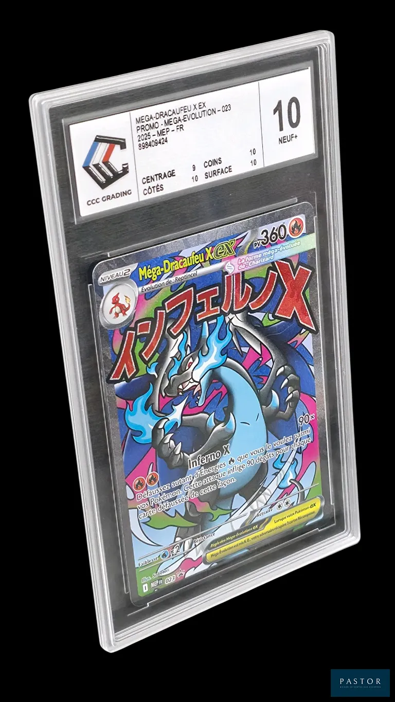 Carte Pokémon gradée Méga-Dracaufeu X EX - 023 Black Star Promo - CCC 10.
Série du bloc Méga-Évolution : Carte promo de l'UPC Méga Dracaufeu X. 
Carte en état Neuf+ (CCC 10), en français.
Illustrateur : Saboteri.