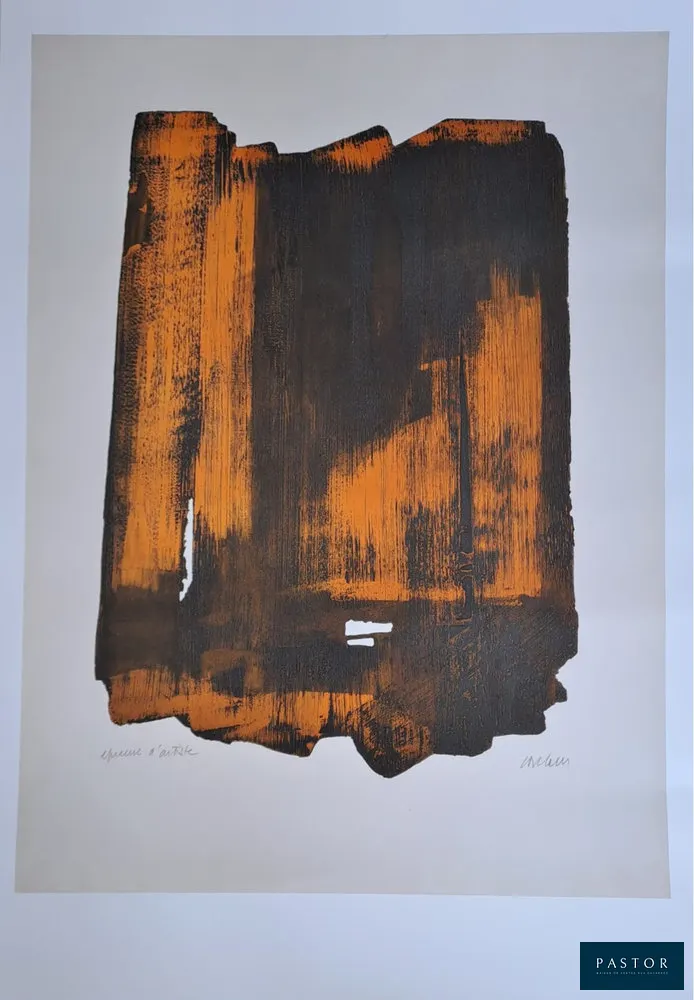 Pierre Soulages (d'après) (1919-2022)
Eau-forte XVI, 1961

Affiche, impression offset sur papier épais
Signée dans la planche, annotée "épreuve d'artiste"
Dimensions : 60 x 40 cm
Editée d'après la "Eau-forte XVI, 76.2 x 57.6 cm, 1961" par le musée Soulages à Rodez, France
Authentifiée par le cachet du Musée au verso

Excellent état


Expédition obligatoire, jusqu'à 5 Lithographies dans votre colis pour 14,76€ TTC en France Métropolitaine, et 29,64€ TTC pour l'Europe