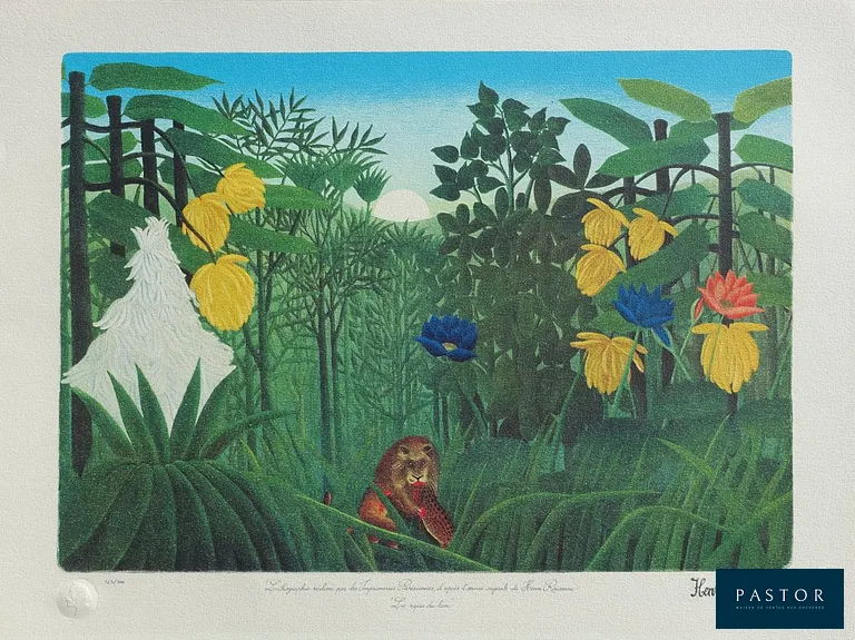 Le Douanier ROUSSEAU (Henri, dit) (d'après)
Le repas du Lion

Lithographie originale
Signée dans la planche
Numérotée au crayon sur 300 exemplaires
Sur papier Vélin pur chiffon, 57 x 75 cm

Authenticité : Oeuvre éditée par "Les Imprimeries Parisiennes" en 1976 avec l'autorisation de la Succession de l'artiste. Porte également le cachet sec de l'éditeur.

Excellent état


Expédition obligatoire, jusqu'à 5 Lithographies dans votre colis pour 14,76€ TTC en France Métropolitaine, et 29,64€ TTC pour l'Europe