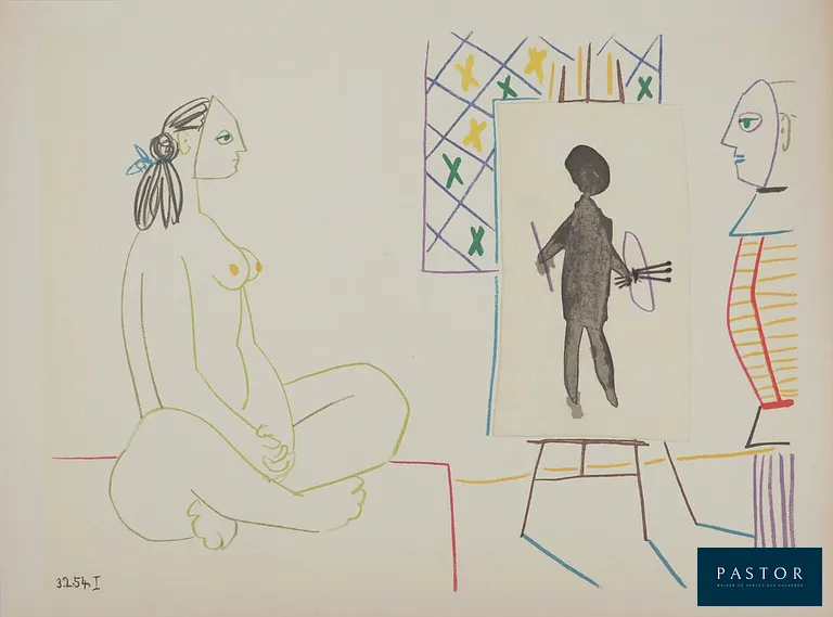 Pablo PICASSO (1881-1973)
Le peintre costumé et son modèle, 1954

Lithographie (Atelier Mourlot)
Non signée
Datée sur la planche
Sur papier épais 26.5 x 35.5 cm

INFORMATION : Editée en 1954 pour la revue Verve n° 29-30 : "La comédie humaine, suite de 180 dessins de Picasso".
Très bon état


Expédition obligatoire, jusqu'à 5 Lithographies dans votre colis pour 14,76€ TTC en France Métropolitaine, et 29,64€ TTC pour l'Europe