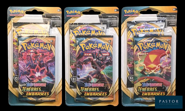 Réunion de 3 Duopacks Pokémon scellés.
Séries du bloc Épée&Bouclier : Ténèbres Embrassées (EB03) et Clash des Rebelles (EB02).
En français.