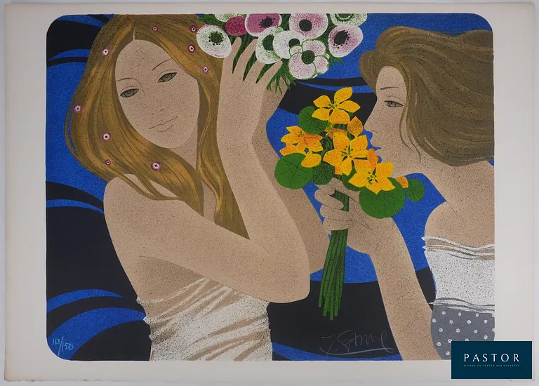 Yves GANNE (1931-2019)
Les deux femmes aux bouquets

Lithographie originale
Signée au crayon
Numérotée sur 150 exemplaires
Sur vélin Arches 54 x 76 cm

INFORMATION : Yves Ganne était un artiste français, élève de Fernand Léger.

Très bon état, petites rousseurs dans les marges et feuillet légèrement jauni (voir photo)


Expédition obligatoire, jusqu'à 5 Lithographies dans votre colis pour 14,76€ TTC en France Métropolitaine, et 29,64€ TTC pour l'Europe