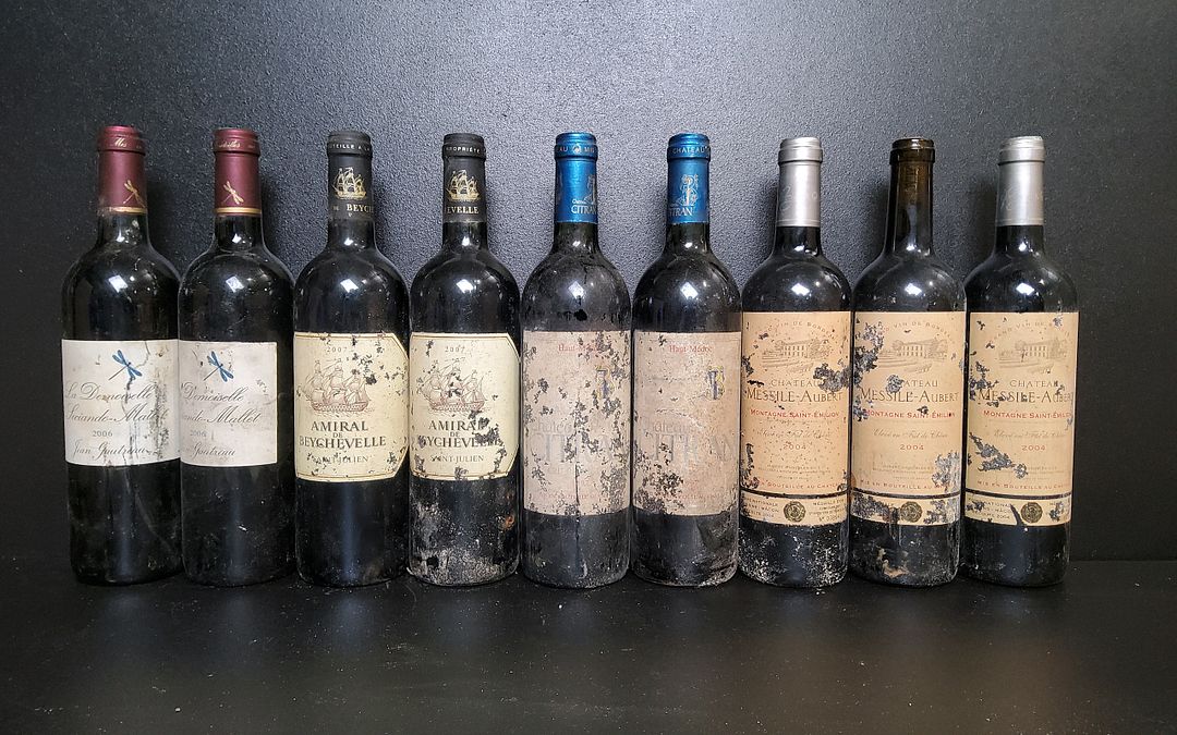 Lot de 9 bouteilles : – La demoiselle de Sociando-Mallet 2006 x2 – Amiral de Beychevelle 2007 x2 – Château Citran 1997 x2 – Château Messile-Aubert 2004 x3