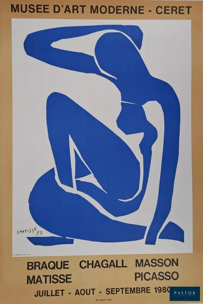 Henri Matisse (d'après) (1869-1954)
Nu bleu
Par Sorlier, pour l'exposition "Braque, Chagall, Masson, Matisse et Picasso" pour le Musée d'art moderne de Céret.

Affiche lithographique
Signée dans la planche
Impressions Mourlot en 1980
Dimensions : 76 x 52 cm

Très bon état


Expédition obligatoire, jusqu'à 5 Lithographies dans votre colis pour 14,76€ TTC en France Métropolitaine, et 29,64€ TTC pour l'Europe