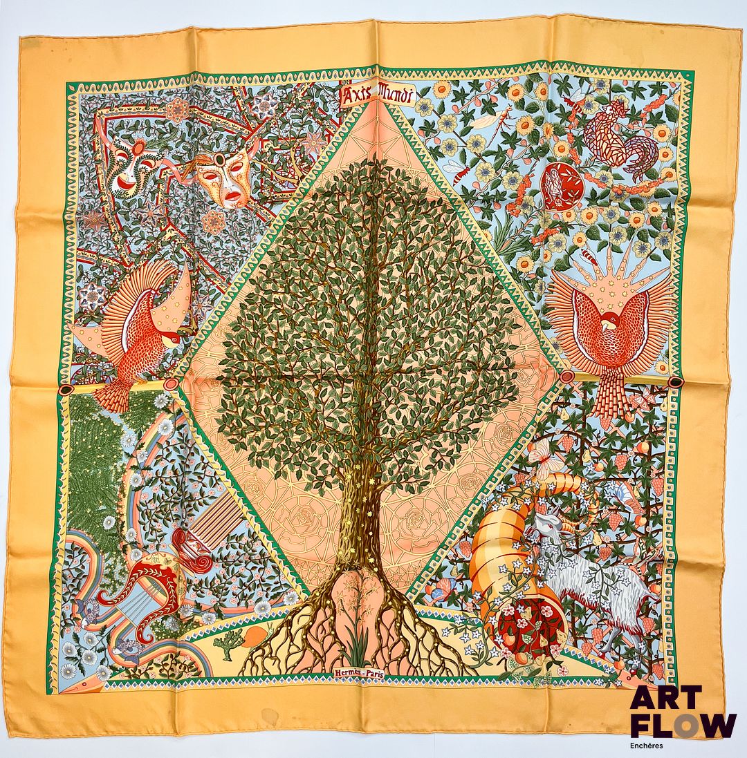 HERMÈS Modèle "Axis Mundi" Carré en twill de soie d'après Christine HENRY 90 x 90 cm Bon état général malgré tâches