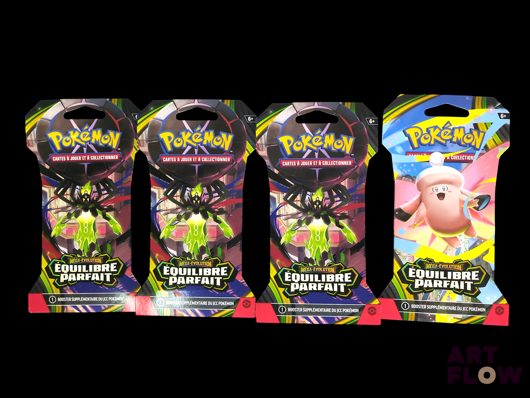Ensemble de 4 blisters cartonnés Pokemon dont 3 Mega-zygarde et 1 Mélodelfe Série du bloc Méga-Evolution : Equilibre parfait (ME03) Scellés En français Neufs