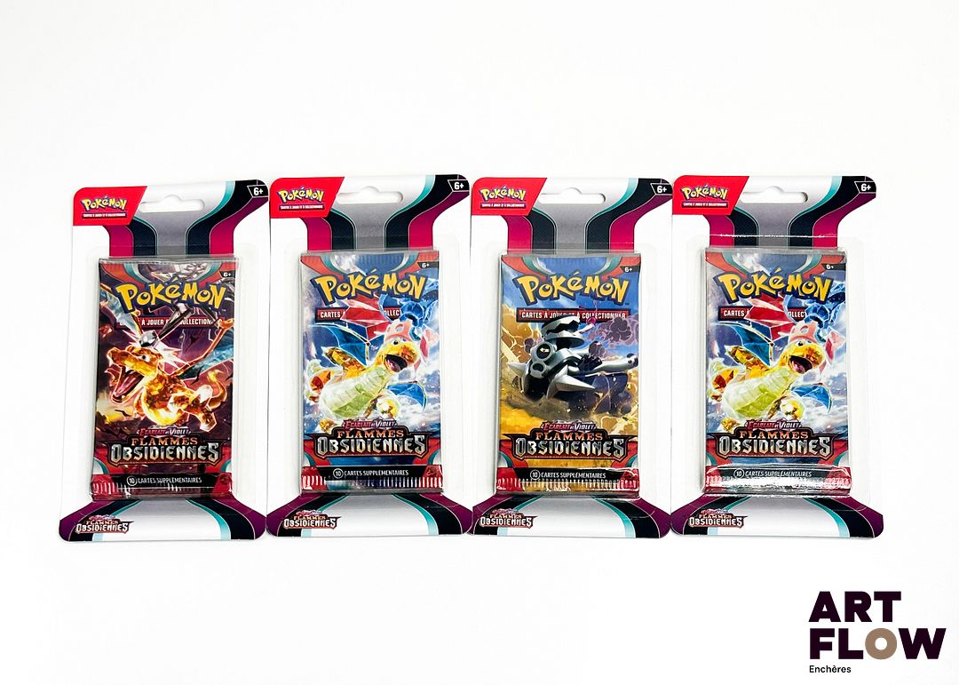 Ensemble de 4 blisters Pokemon Série du bloc Ecarlate et violet : flammes obsidiennes (EV03) En français