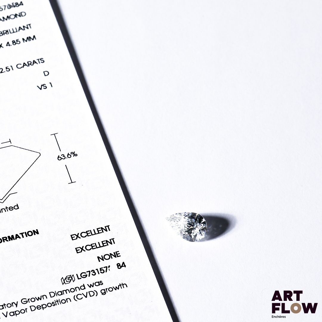 Diamant de synthèse (lab-grown diamond) de forme poire 2,51 carats, accompagné d'un certificat de laboratoire (IGI) indiquant : D, VS1
