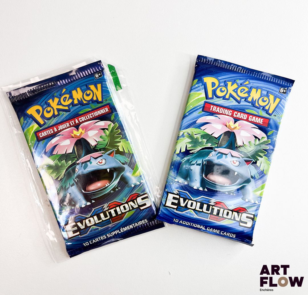 Lot de 2 boosters Pokémon de la série du bloc XY : Évolutions. Illustrations Florizarre. Scellés et un sous security seal En français.