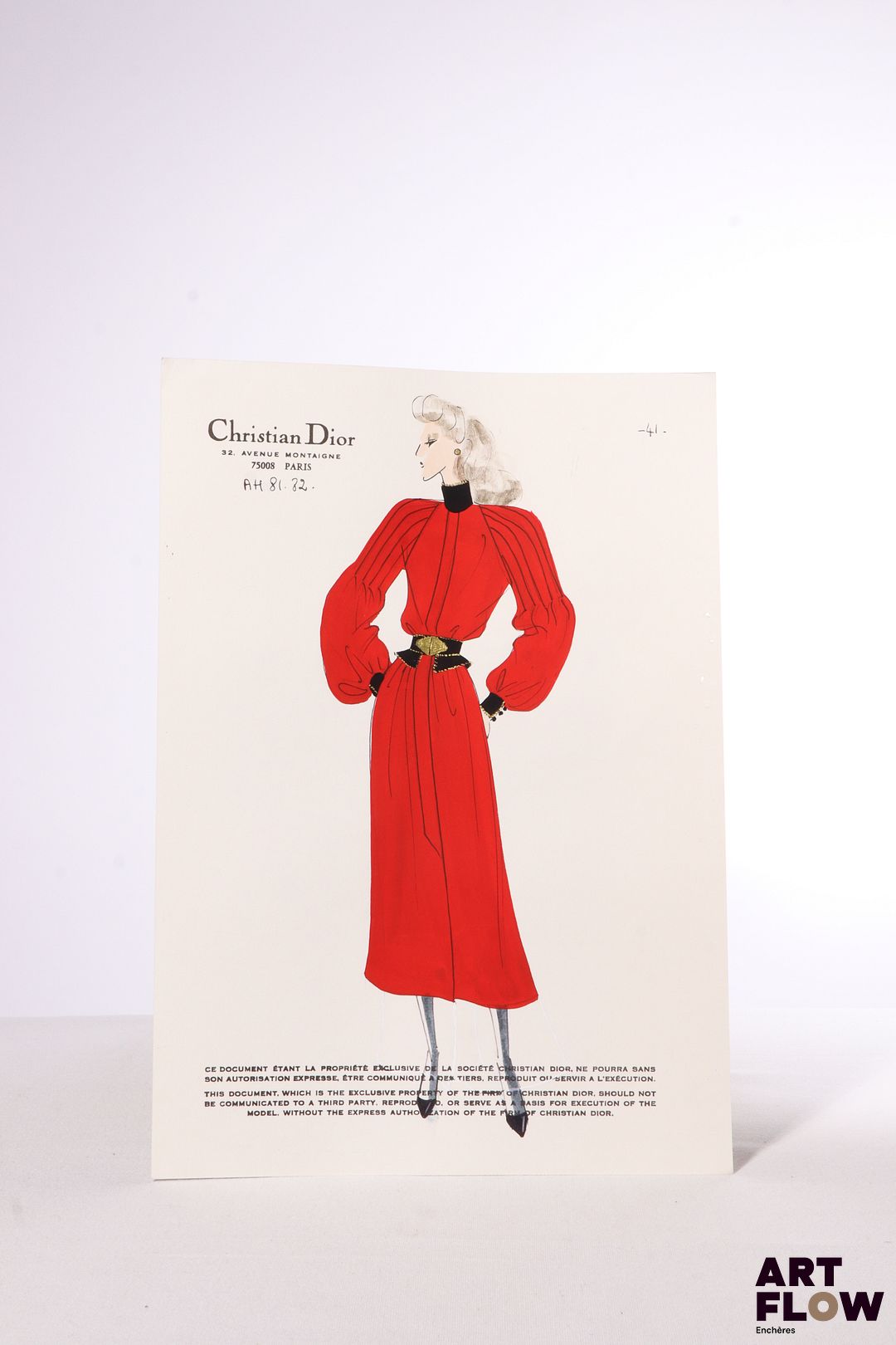 Christian DIOR, Collection Automne/Hiver 1981/1982 Silhouette 41 Technique mixte sur papier (gravure rehaussée à l'encre, gouache et crayon) 32 x 22,5 cm