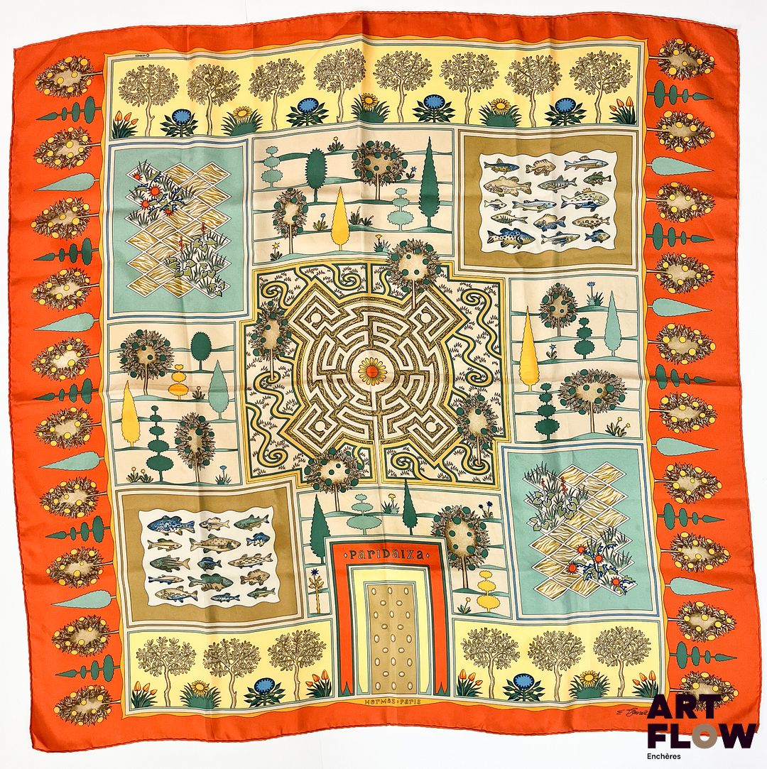 HERMÈS Modèle "Paridaiza" Carré en twill de soie d'après Eugène BRUNELLE 90 x 90 cm