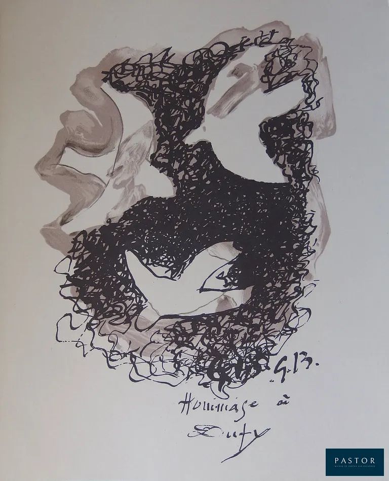 Georges BRAQUE (1882-1963)
Composition aux oiseaux

Lithographie en couleurs
Signée dans la planche
Sur Vélin 24 x 30 cm

Excellent état

INFORMATION : Lithographie réalisée en hommage à Raoul Dufy en 1960 et imprimée en 1965 dans les ateliers Mourlot (Paris, France)

REFERENCES :
- Catalogue raisonné Orozco #LA737
- Catalogue raisonné Vallier #300.2
- Catalogue raisonné Mourlot #82


Expédition obligatoire, jusqu'à 5 Lithographies dans votre colis pour 14,76€ TTC en France Métropolitaine, et 29,64€ TTC pour l'Europe