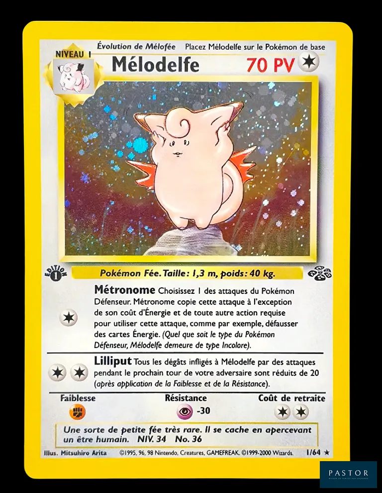 Carte Pokémon Mélodelfe 1/64 - Holographique.
Série du bloc Wizards : Jungle Édition 1.
Carte en état Très bon, en français.
Livrée sous bulles et toploader.