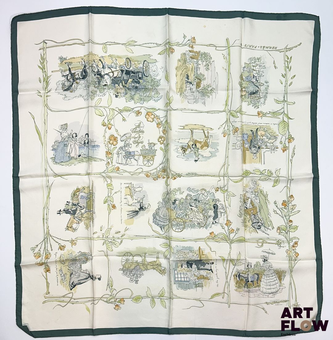 HERMÈS Modèle "La Comtesse de Ségur" Carré en twill de soie d'après Philippe DUMAS 90 x 90 cm Taches, nettoyage à prévoir.