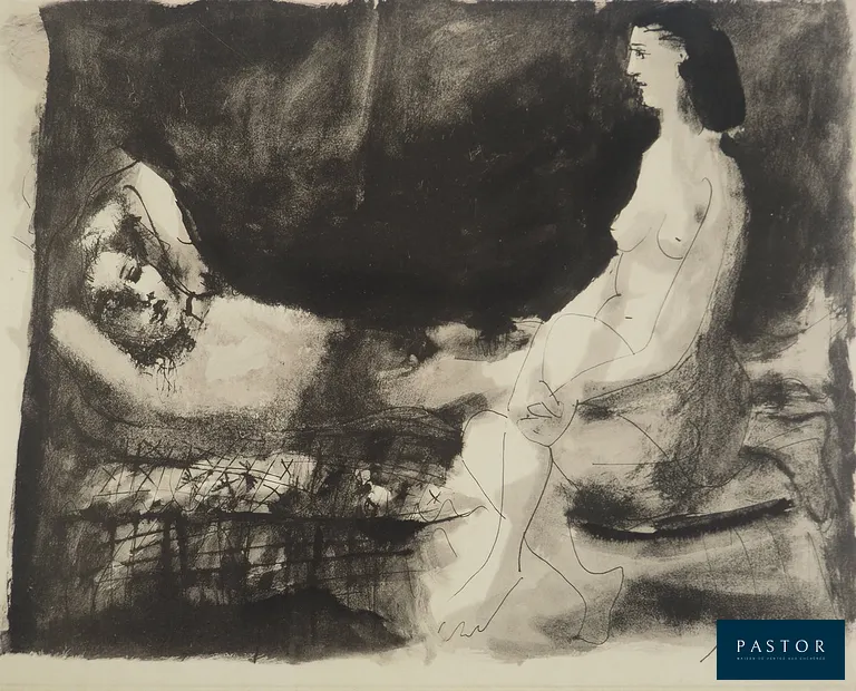 Pablo PICASSO (1881-1973)
Les amants, 1967

Lithographie rehaussée au pochoir d'après une aquarelle (procédé Jacomet)
Non signée
Edition limitée à 500 exemplaires non numérotés
Sur vélin 41.5 x 52 cm

INFORMATION : Cette lithographie fait partie de l'album "La Flûte Double" édité par Au Vent d'Arles en 1967.

Excellent état


Expédition obligatoire, jusqu'à 5 Lithographies dans votre colis pour 14,76€ TTC en France Métropolitaine, et 29,64€ TTC pour l'Europe