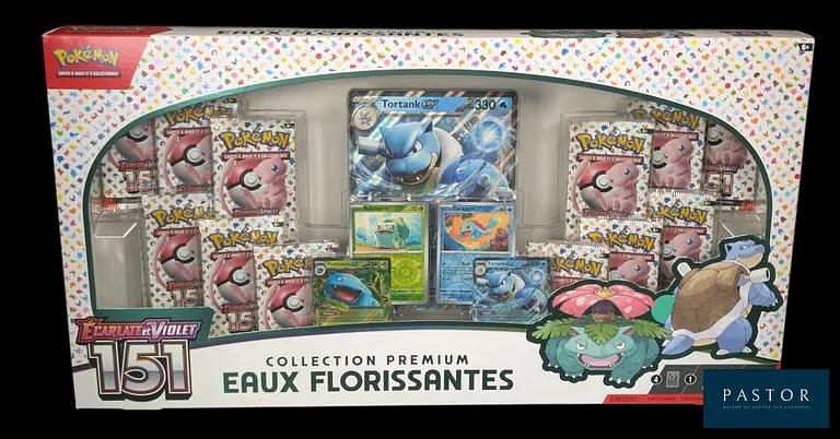 Coffret Pokémon scellé : Collection Premium  "Eaux Florissantes".
Série du bloc Écarlate&Violet : 151 (EV03.5).
En français.