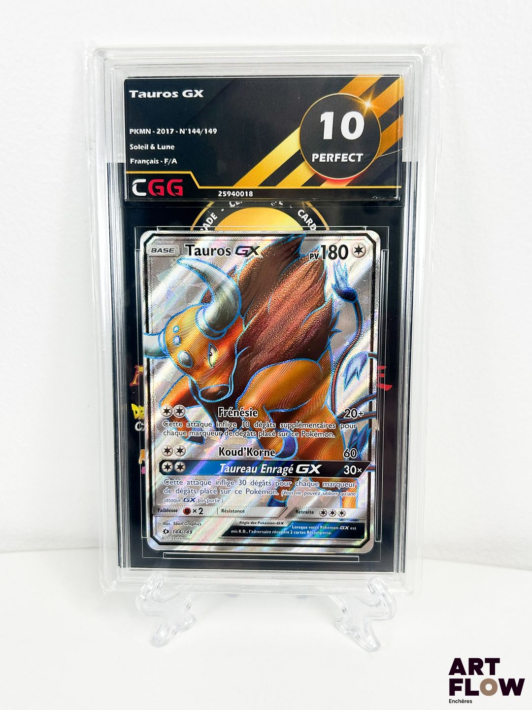 Carte Pokémon Tauros GX 144/149 - Full Art (FA) - gradée 10 par CGG. Série du bloc Soleil et Lune : Soleil et lune. Carte en état Perfect (CGG 10) En français.