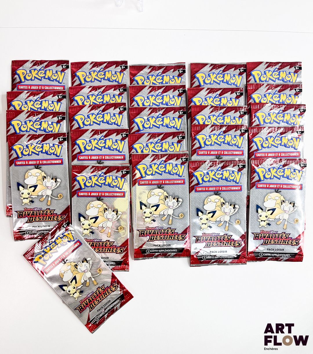 Ensemble de 25 Boosters pack loisir Pokémon scellés Série du bloc Ecarlate et violet : Rivalités destinées (EV10). En français.