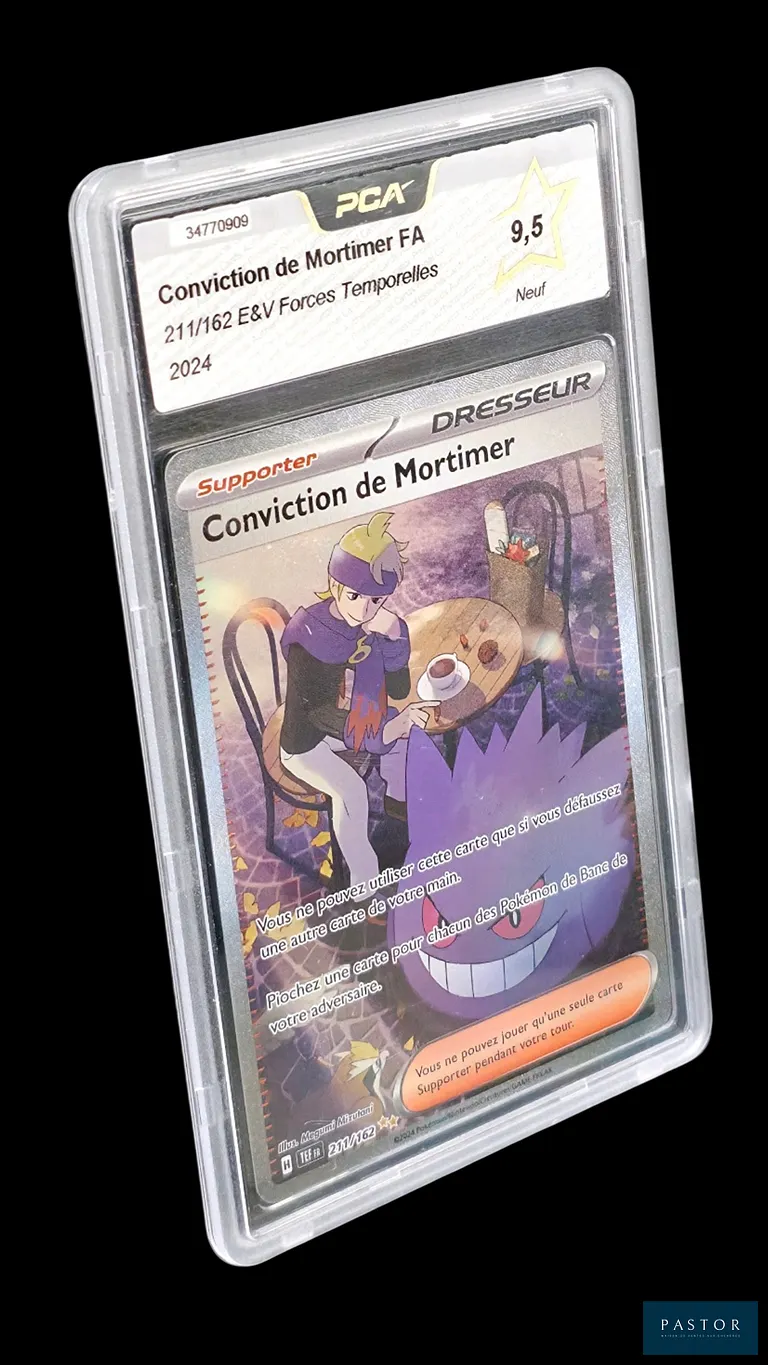 Carte Pokémon gradée Conviction de Mortimer 211/162 – Full Art – PCA 9,5.
Série du bloc Écarlate&Violet : Forces Temporelles.
Carte en état Neuf (PCA 9,5), en français.
Illustrateur : Megumi Mizutani.