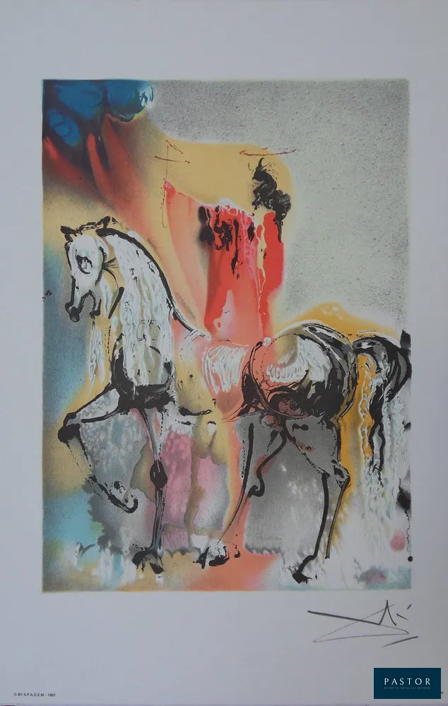 Salvador DALI (1904-1989)
Les Chevaux, le Chevalier Chrétien, 1983

Lithographie
Signée dans la planche
Sur vélin Arches 56 x 36 cm
Authentifiée par le cachet sec de l'éditeur

INFORMATION : Fait partie de la série Les Chevaux Daliniens
Edition Armand et Georges Israël, réalisée du vivant de Dali avec son autorisation.

Excellent état


Expédition obligatoire, jusqu'à 5 Lithographies dans votre colis pour 14,76€ TTC en France Métropolitaine, et 29,64€ TTC pour l'Europe