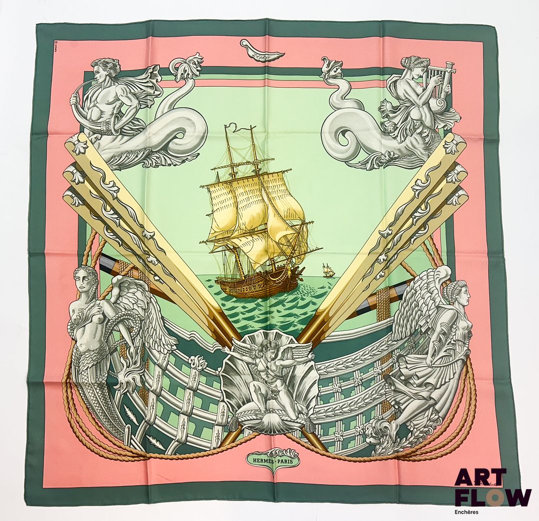 HERMÈS Modèle "Zephyr" Carré en twill de soie d'après Julia ABADIE 90 x 90 cm Très bon état général, petite décoloration sur un bord, trace et un fil tiré
