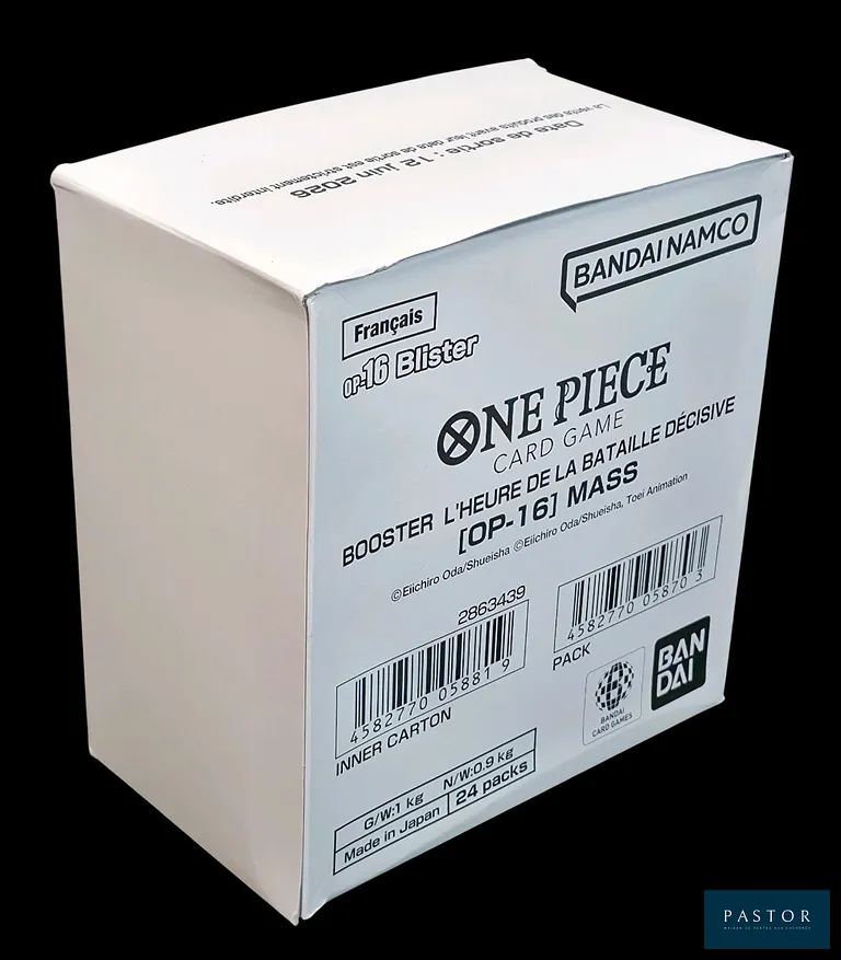 Coffret One Piece scellé - Case de 24 boosters sous blisters.
Série OP-16 : L'Heure de la Bataille Décisive.
En français. - TVA Récupérable