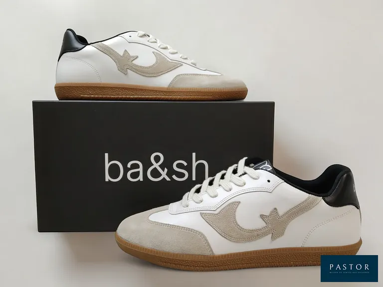 BA&SH. Paire de sneakers "Crew" en cuir blanc/noir, empiècements en cuir suédé beige, P.38. NEUVE, avec boîte et dust-bag - TVA Récupérable